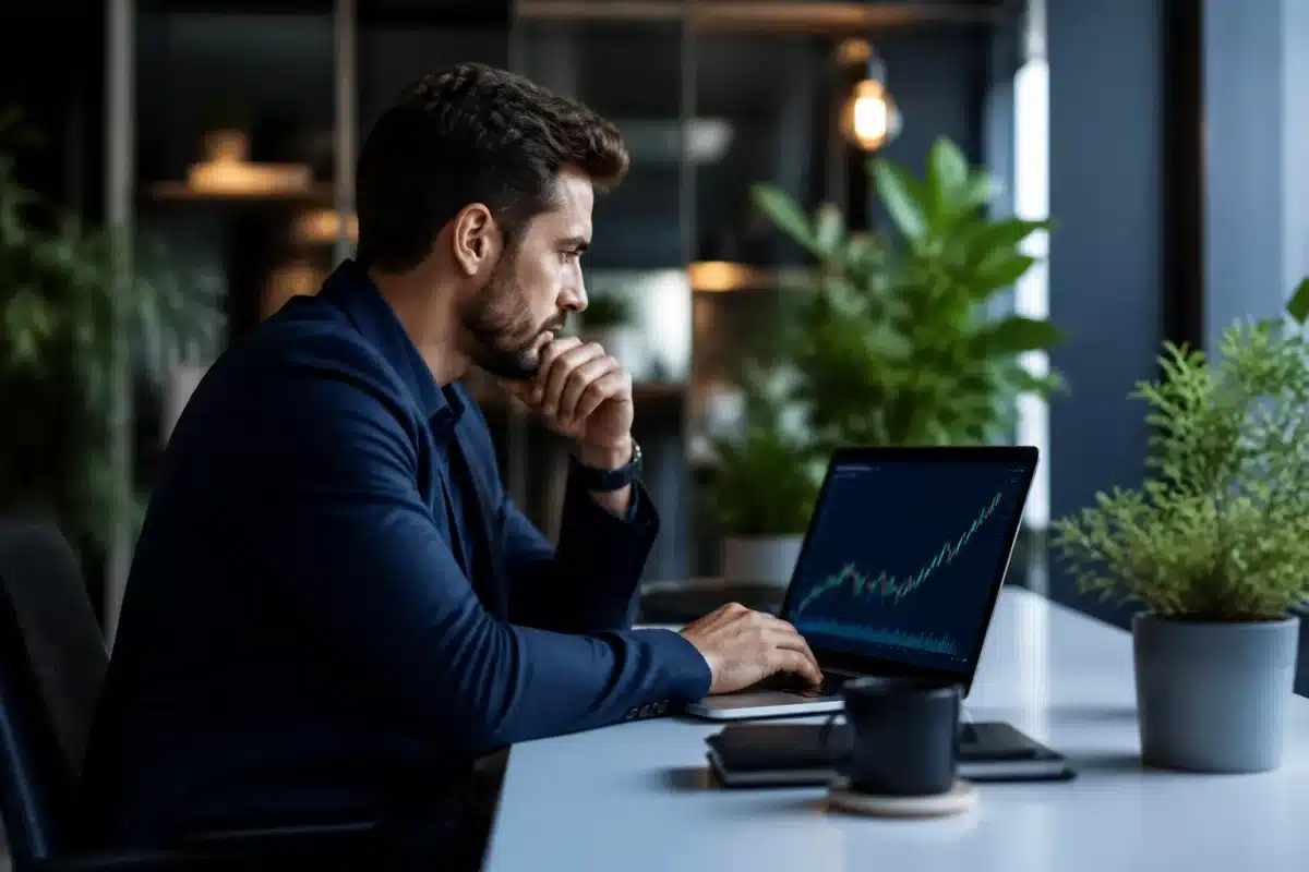 Entrepreneur consulte son ordinateur avec graphiques en hausse visible