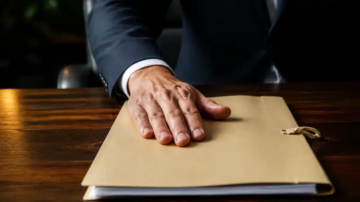 Document officiel sur table avec main posee dessus