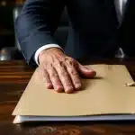 Document officiel sur table avec main posee dessus