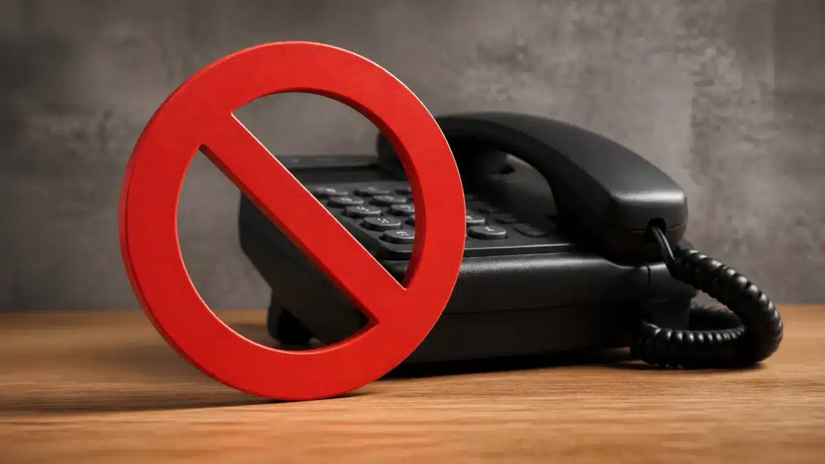 Telephone posee sur table avec panneau interdiction rouge devant