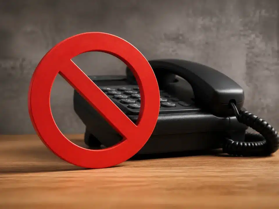 Telephone posee sur table avec panneau interdiction rouge devant