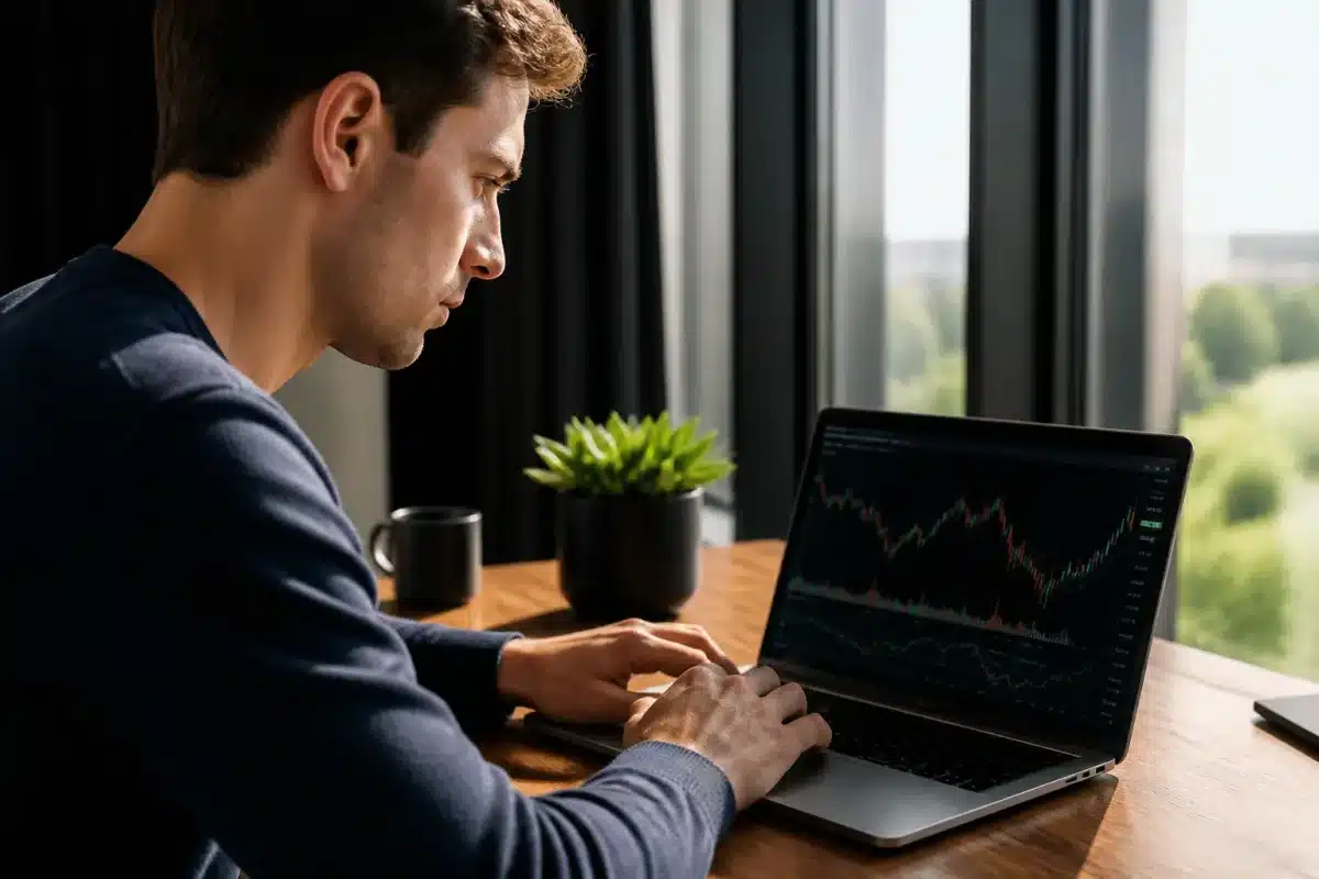 Professionnel étudiant graphiques financiers sur ordinateur portable