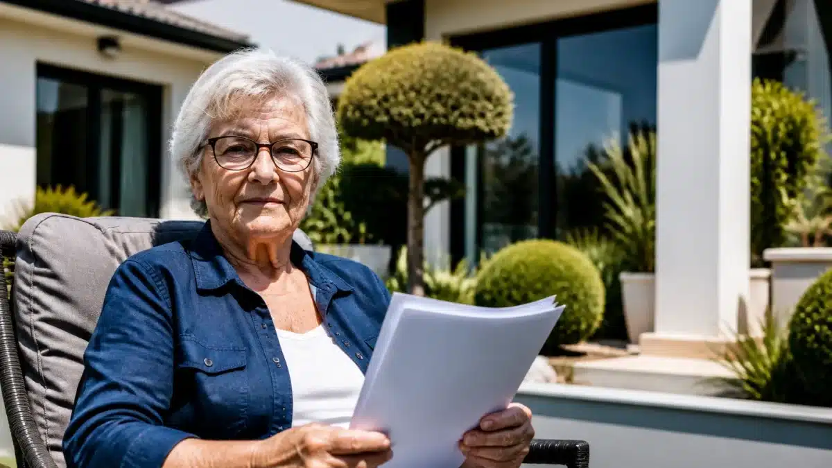 Personne agee assise tenant documents immobiliers devant maison