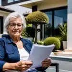 Personne agee assise tenant documents immobiliers devant maison