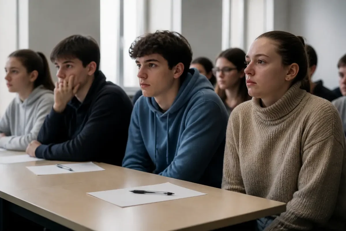Candidats assis devant copies et stylos sur table