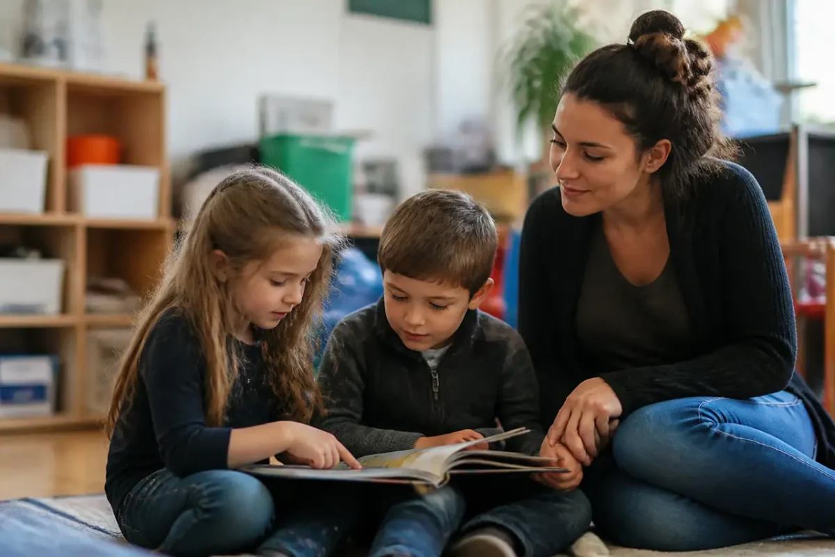 Enseignante assise pres de petits eleves lisant un livre